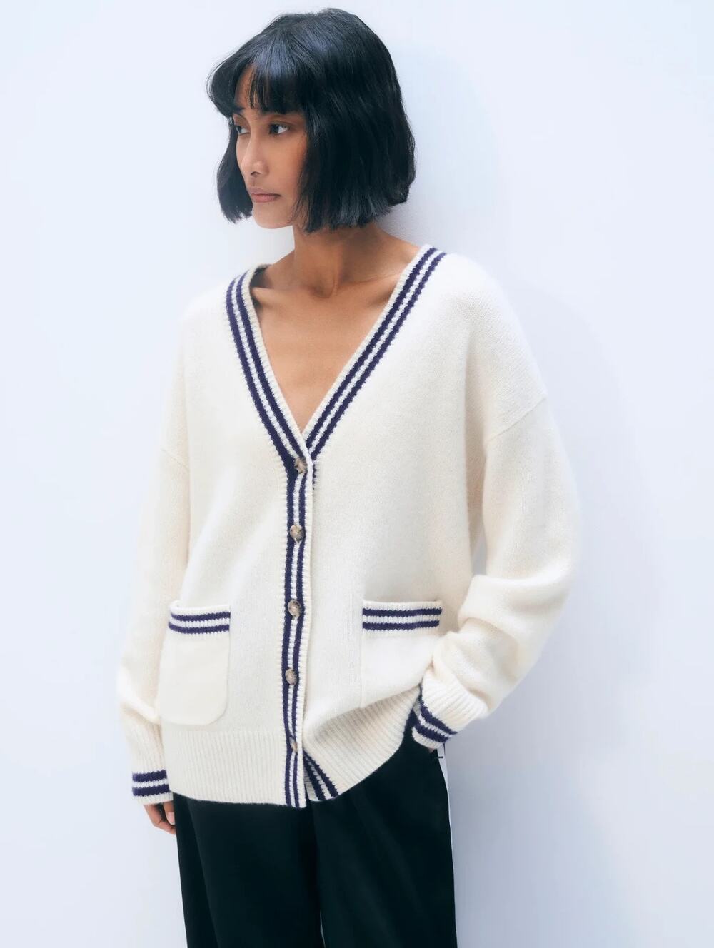 NWT White + Warren Cashmere Varsity Cardigan Sweater Sz L Soft White 9M603